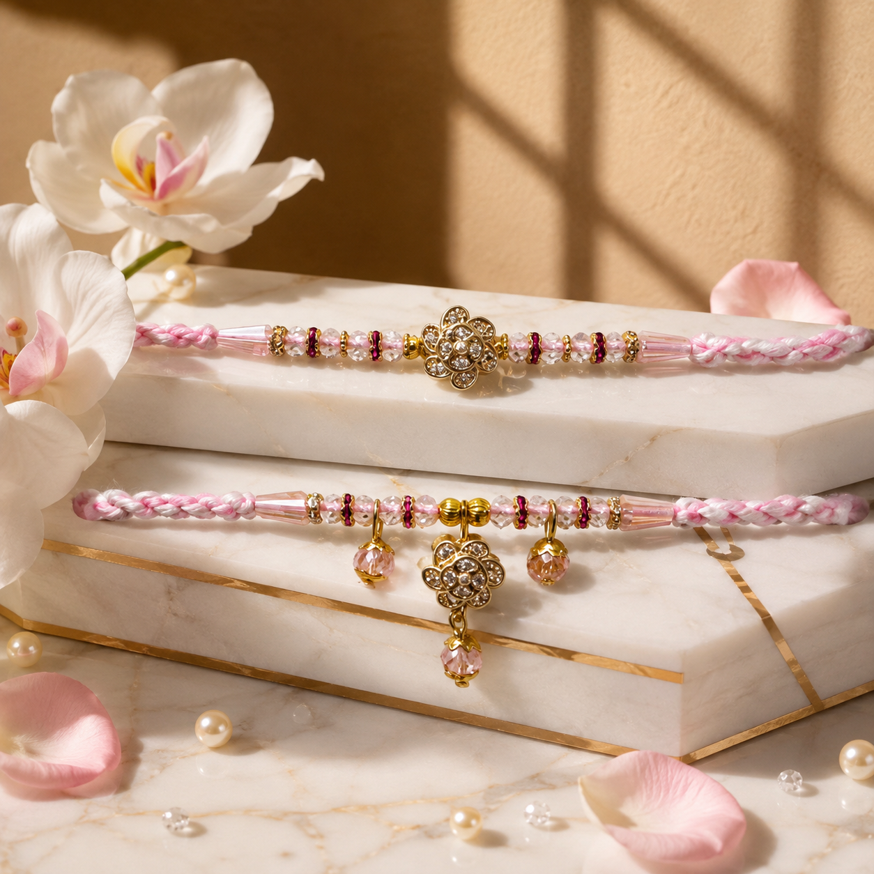 Pink Floral Bhai Bhabhi Rakhi Combo with Crystal Lumba