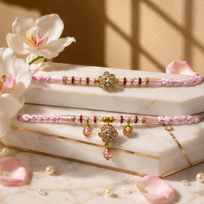 Pink Floral Bhai Bhabhi Rakhi Combo with Crystal Lumba