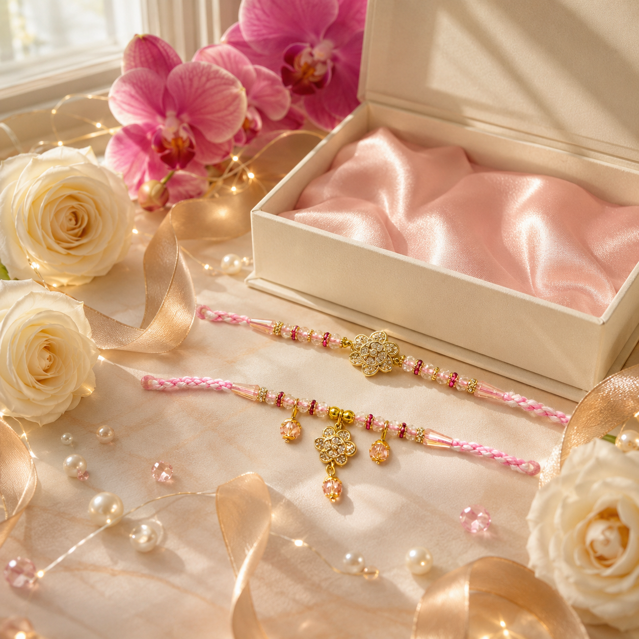 Pink Floral Bhai Bhabhi Rakhi Combo with Crystal Lumba