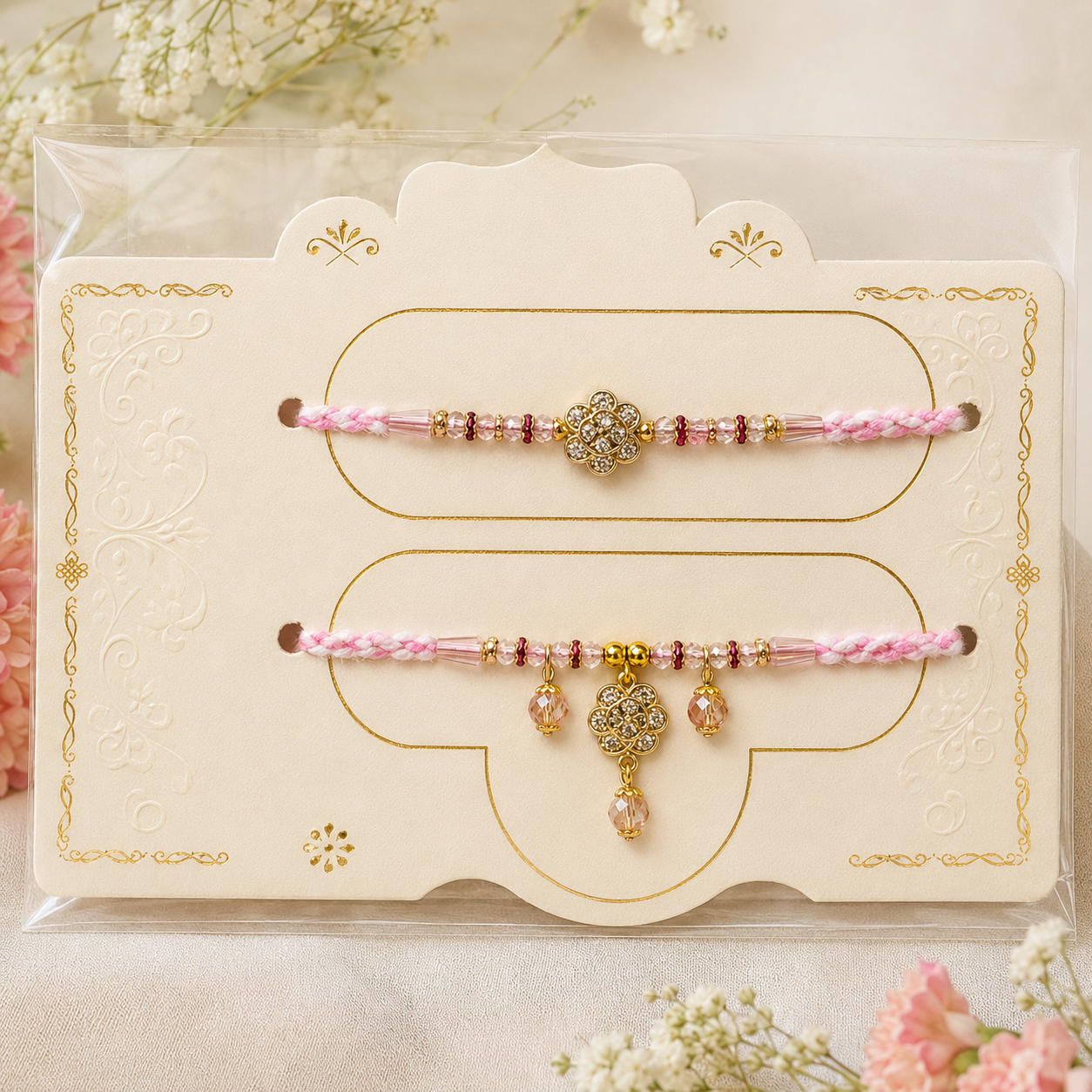 Pink Floral Bhai Bhabhi Rakhi Combo with Crystal Lumba