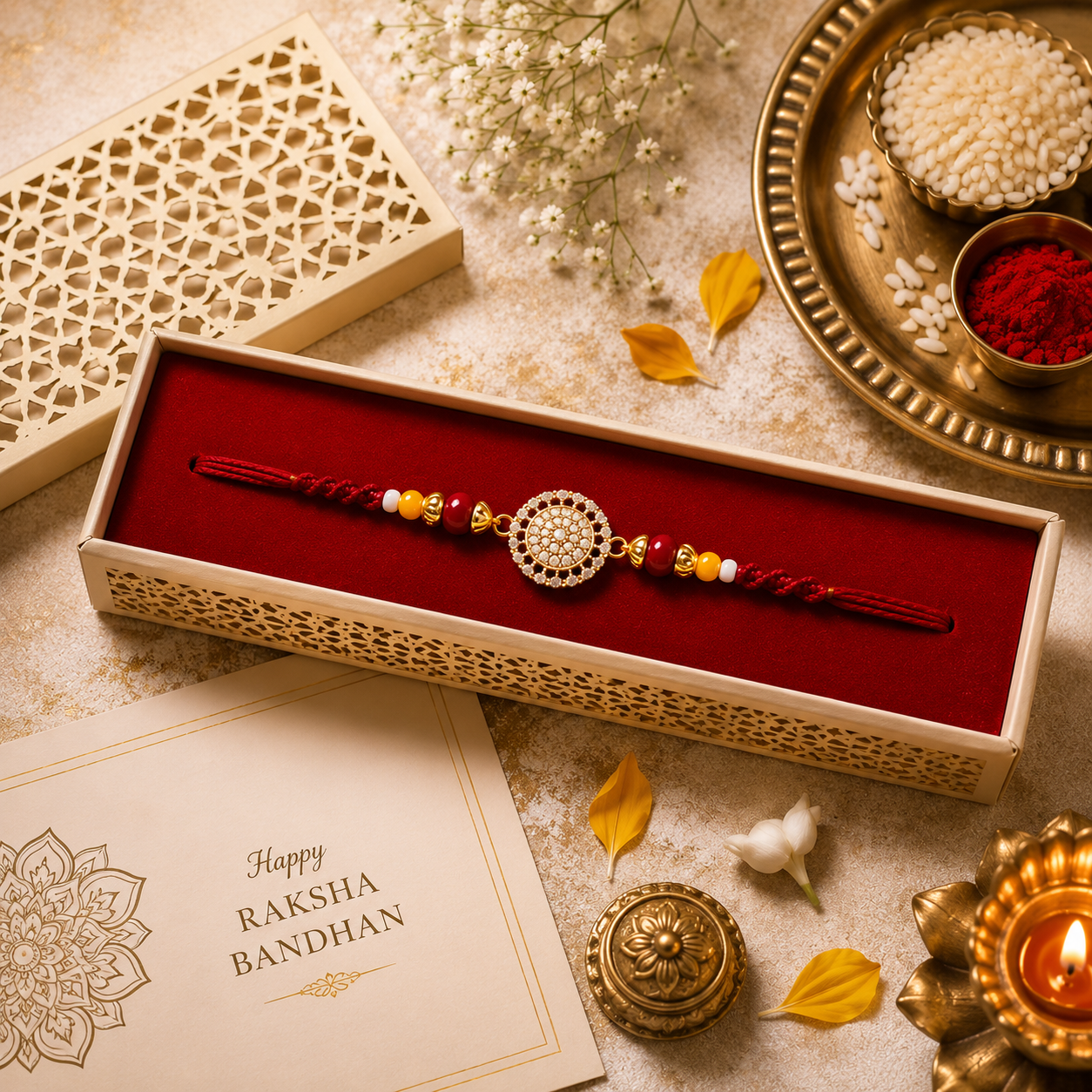 Premium AD Stone Rakhi with Roli Chawal Gift Box