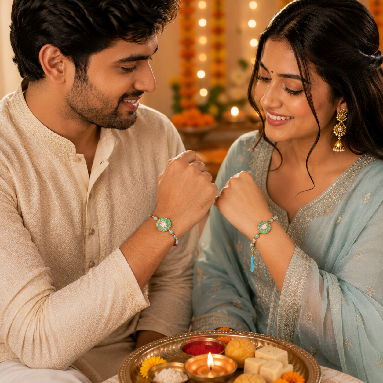 Blue Stone Rakhi Lumba Set with Designer Packaging | Premium Bhai Bhabhi Rakhi
