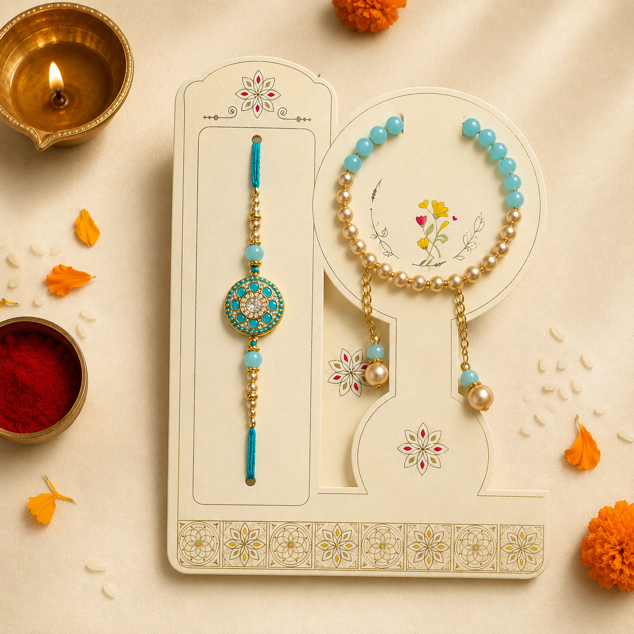 Blue Stone Rakhi Lumba Set with Designer Packaging | Premium Bhai Bhabhi Rakhi