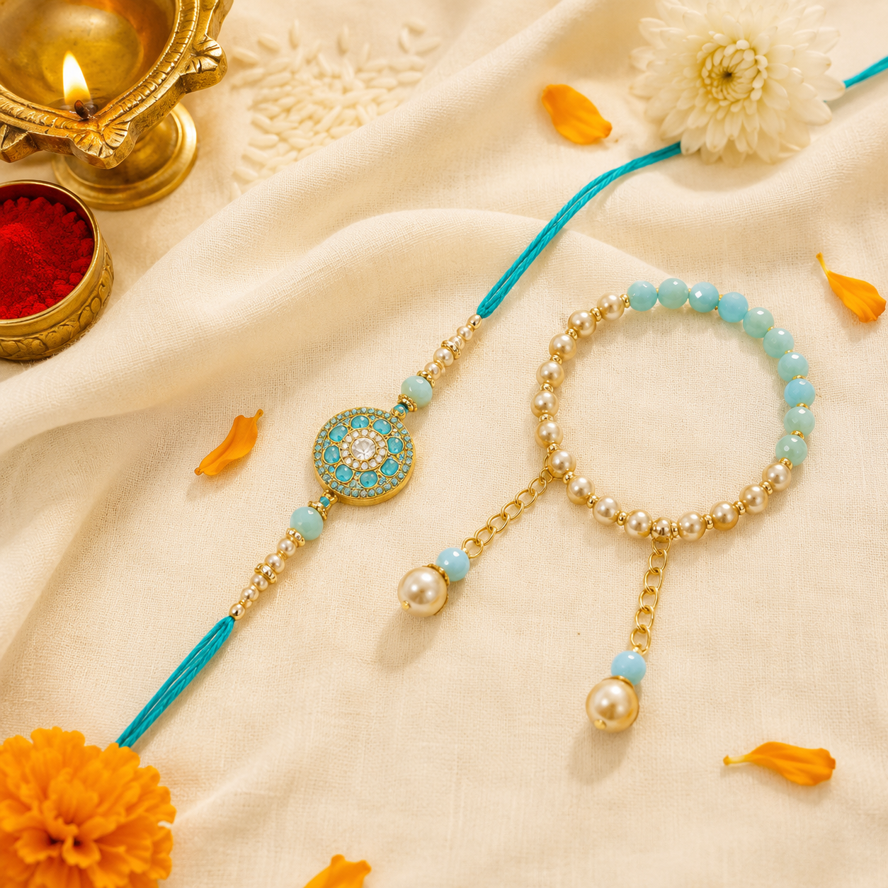 Blue Stone Rakhi Lumba Set with Designer Packaging | Premium Bhai Bhabhi Rakhi