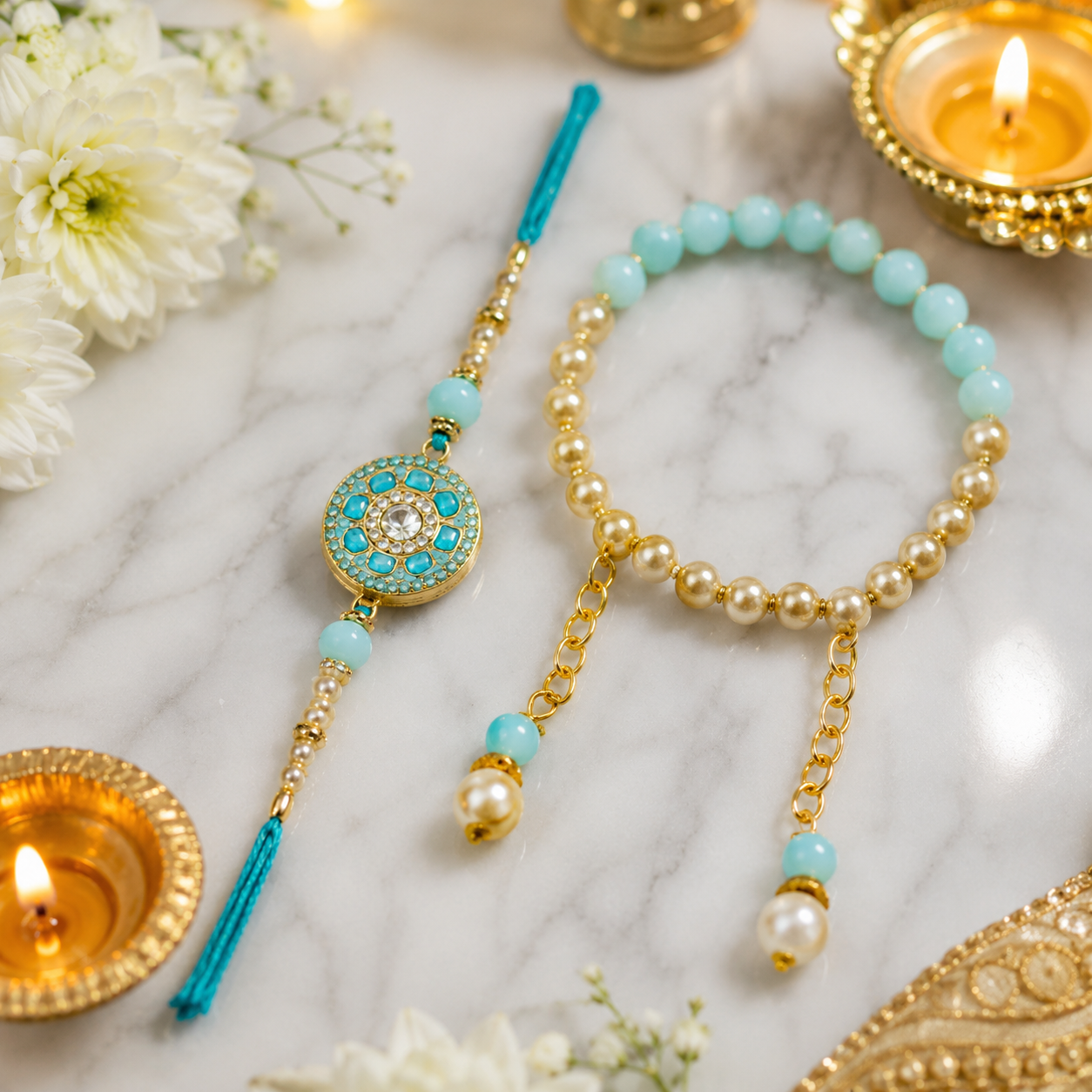 Blue Stone Rakhi Lumba Set with Designer Packaging | Premium Bhai Bhabhi Rakhi