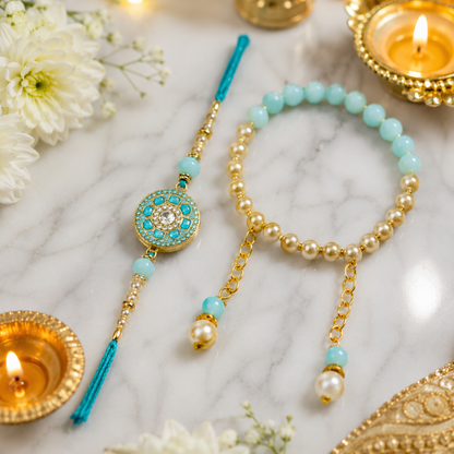 Blue Stone Rakhi Lumba Set with Designer Packaging | Premium Bhai Bhabhi Rakhi