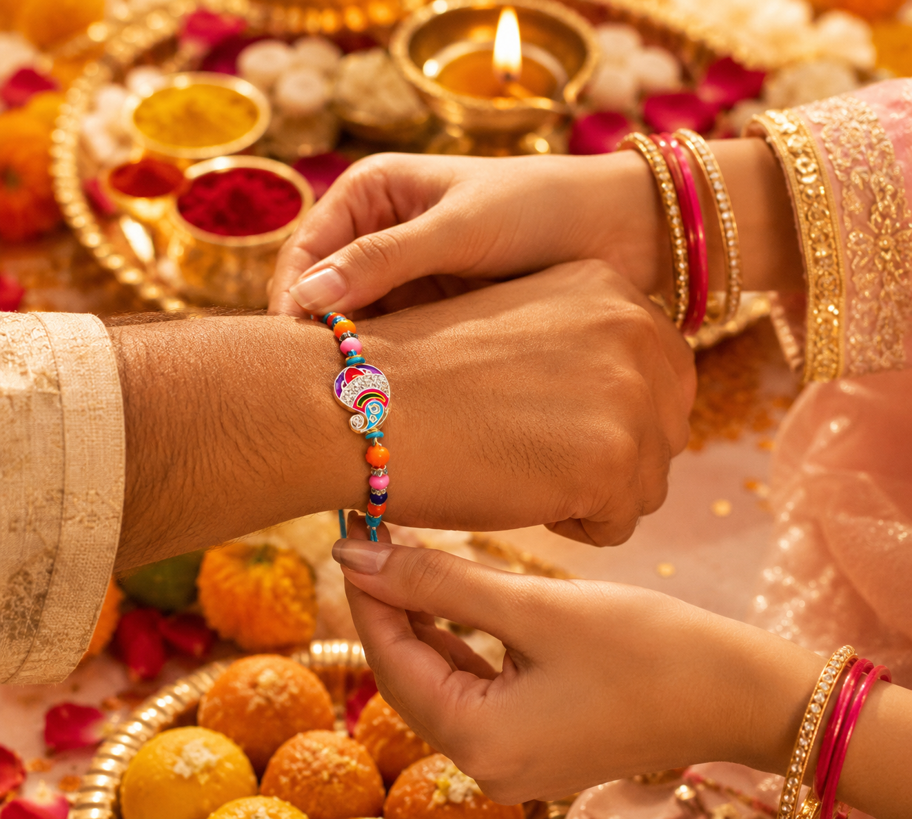 Colorful Enamel Beaded Designer Rakhi with Multicolor Thread