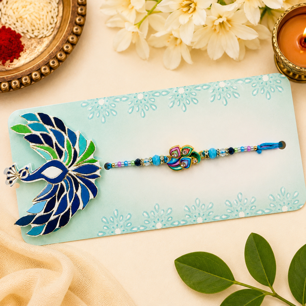 Premium Designer Peacock Rakhi with Roli & Chawal
