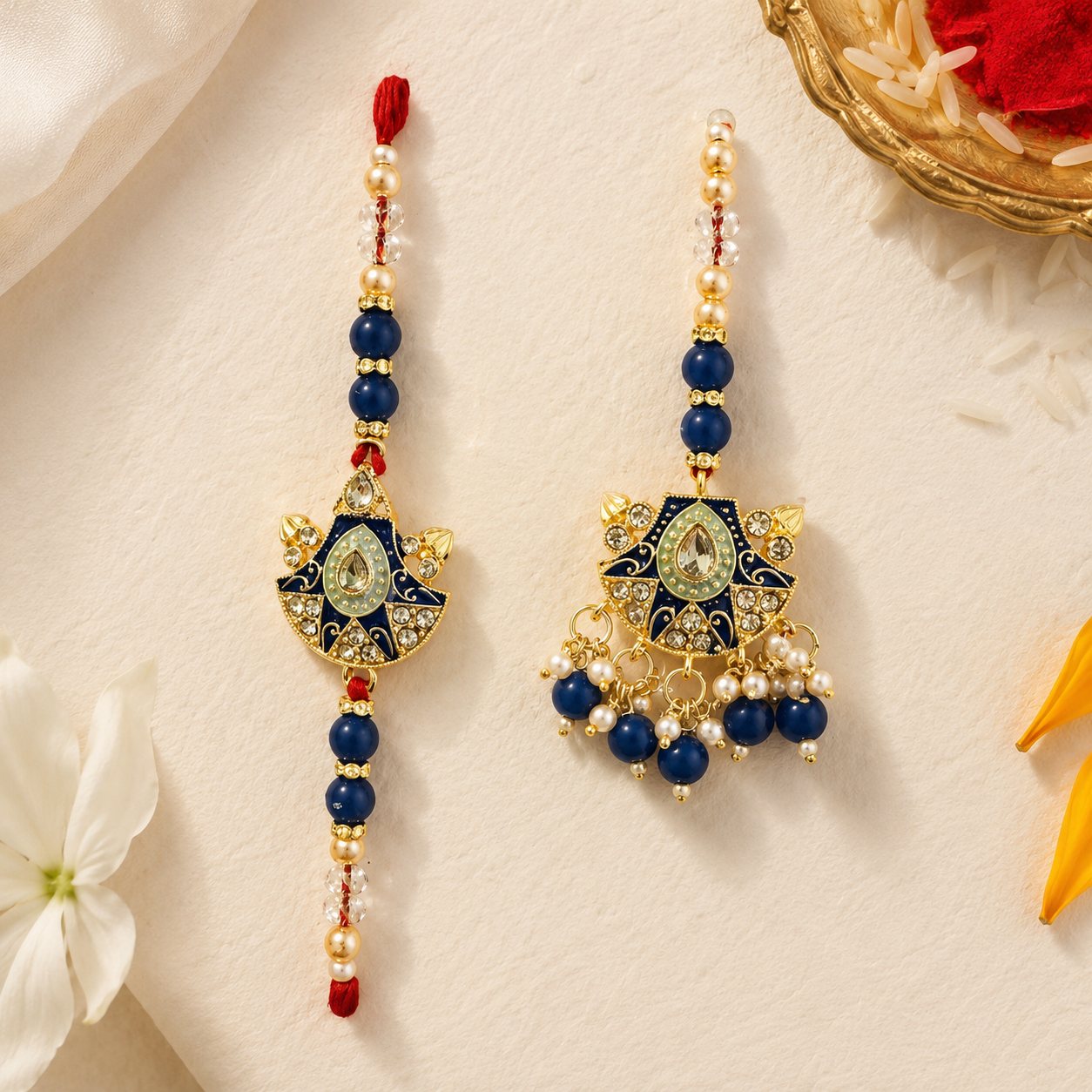 Premium Designer Rakhi & Lumba Set with Roli Chawal | Elegant Bhai Bhabhi Rakhi Set