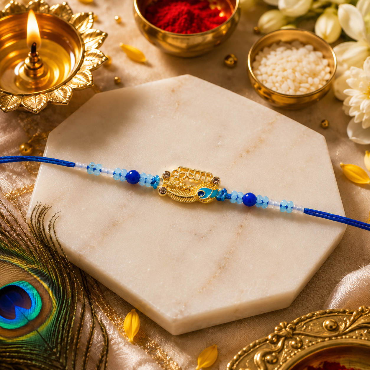 Premium Designer Shree Krishna Rakhi with Roli Chawal | Blue Beaded Rakhi for Brother