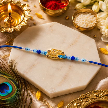 Premium Designer Shree Krishna Rakhi with Roli Chawal | Blue Beaded Rakhi for Brother