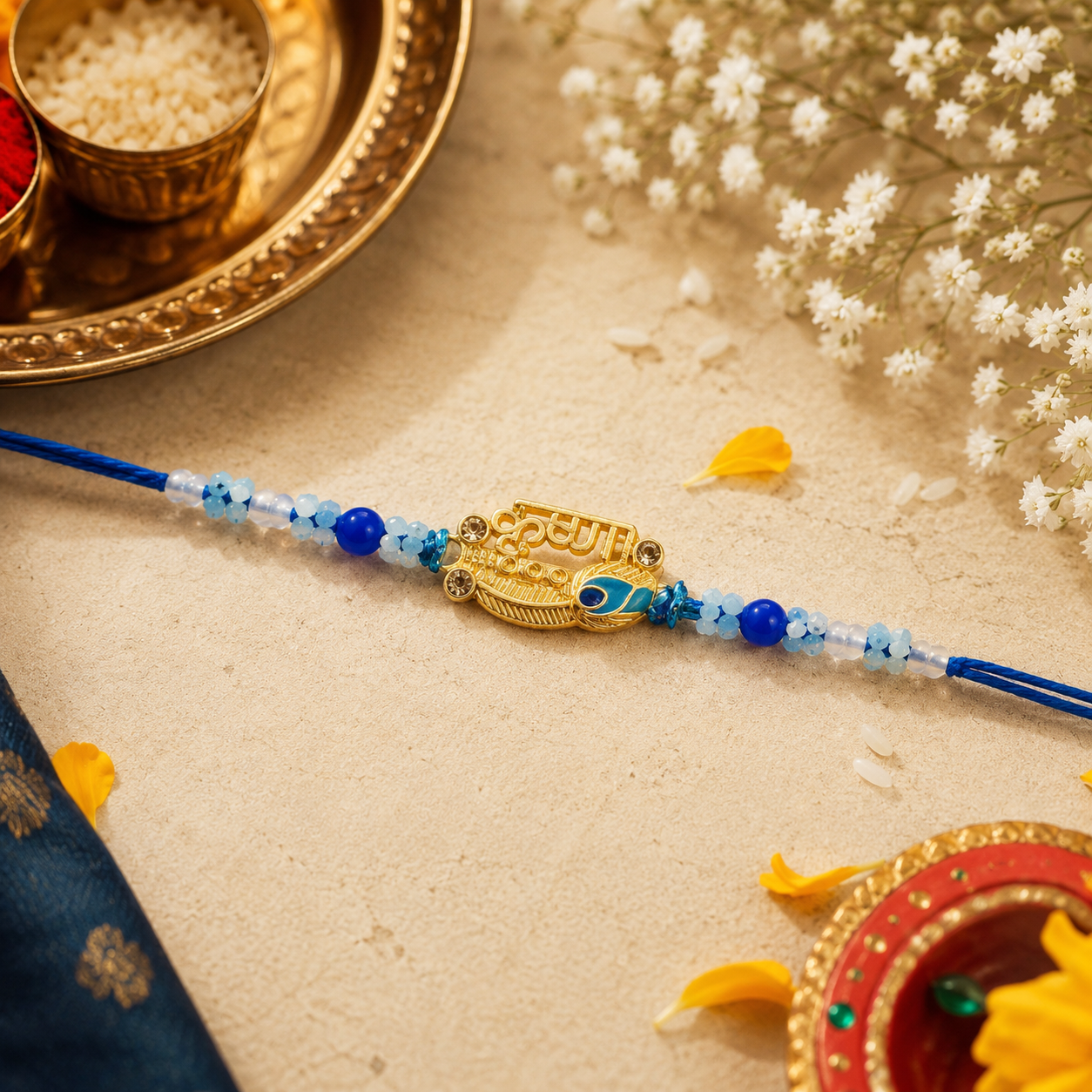 Premium Designer Shree Krishna Rakhi with Roli Chawal | Blue Beaded Rakhi for Brother