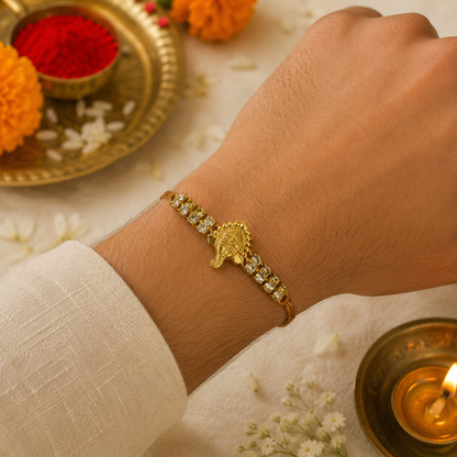 Premium Ganesha Designer Rakhi with Roli Chawal | Gold Finish Bhai Rakhi