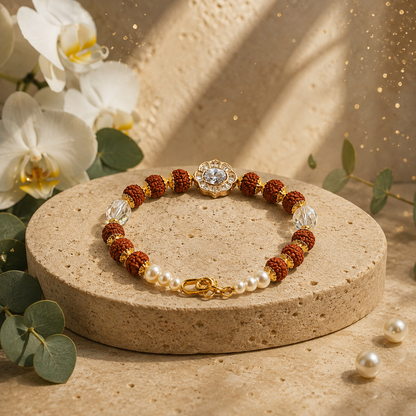 Rudraksha Bead Bracelet Rakhi with Crystal, Pearl & Floral Stone Centrepiece