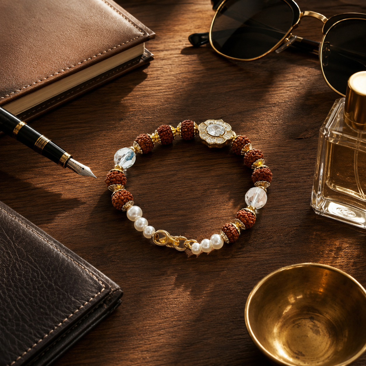 Rudraksha Bead Bracelet Rakhi with Crystal, Pearl & Floral Stone Centrepiece
