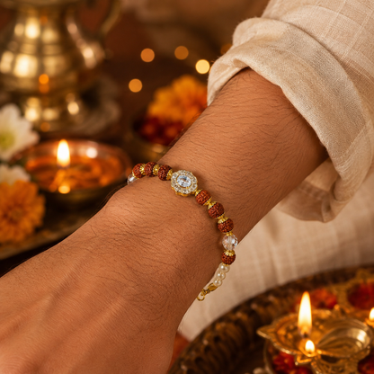 Rudraksha Bead Bracelet Rakhi with Crystal, Pearl & Floral Stone Centrepiece