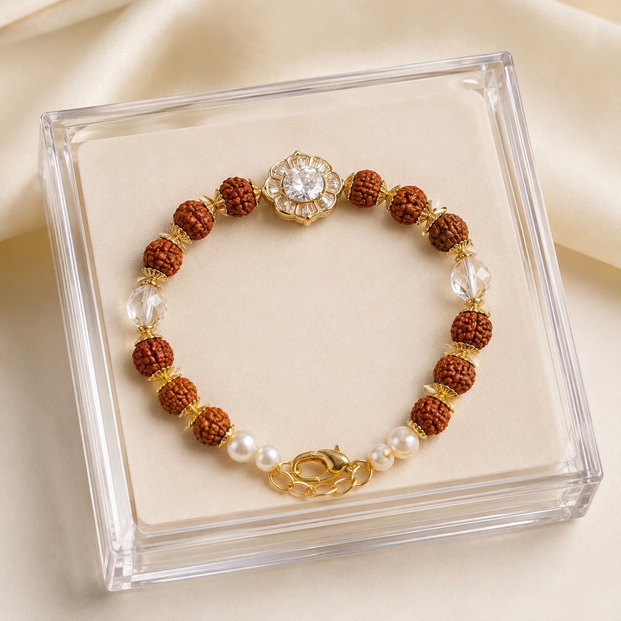 Rudraksha Bead Bracelet Rakhi with Crystal, Pearl & Floral Stone Centrepiece