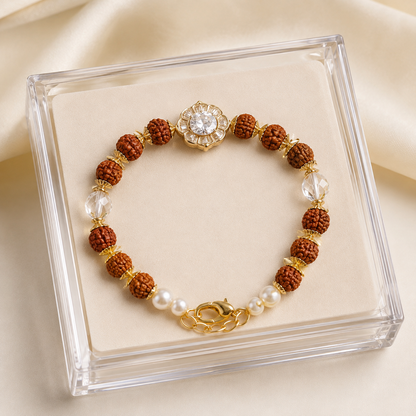 Rudraksha Bead Bracelet Rakhi with Crystal, Pearl & Floral Stone Centrepiece