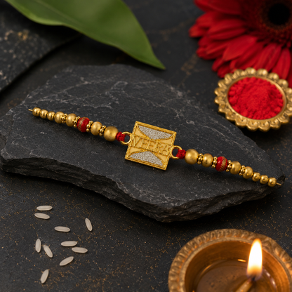 Premium Veera Rakhi with Gold Finish Beads & Roli Chawal