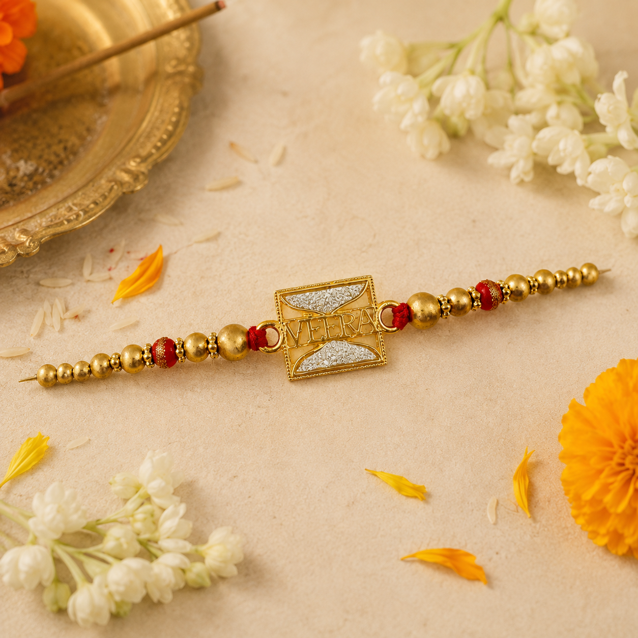 Premium Veera Rakhi with Gold Finish Beads & Roli Chawal