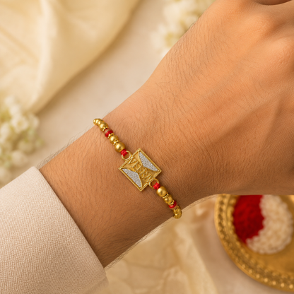 Premium Veera Rakhi with Gold Finish Beads & Roli Chawal