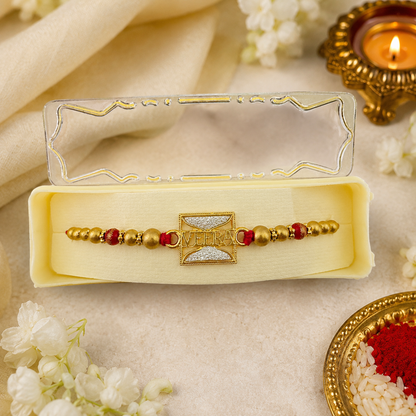 Premium Veera Rakhi with Gold Finish Beads & Roli Chawal