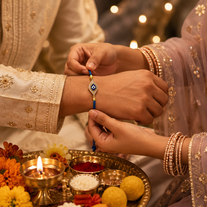 Blue Evil Eye Crystal Rakhi with Gold-Tone Finish | Adjustable Raksha Bandhan Bracelet