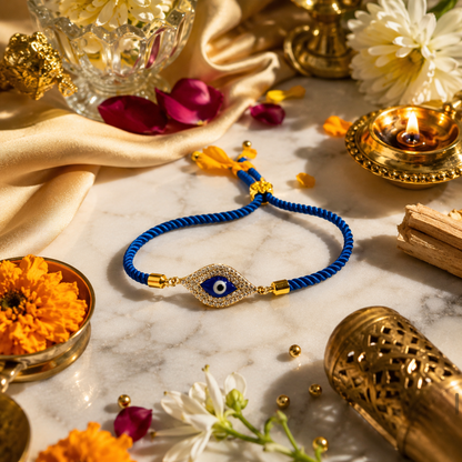 Blue Evil Eye Crystal Rakhi with Gold-Tone Finish | Adjustable Raksha Bandhan Bracelet