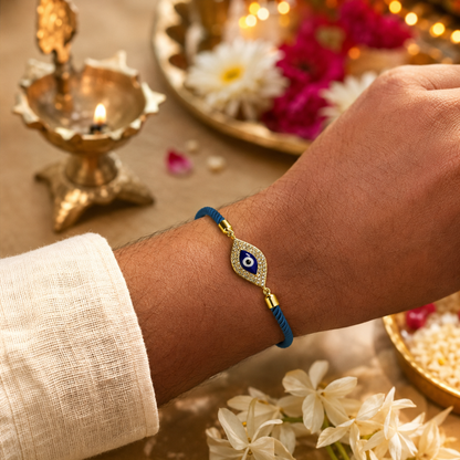 Blue Evil Eye Crystal Rakhi with Gold-Tone Finish | Adjustable Raksha Bandhan Bracelet