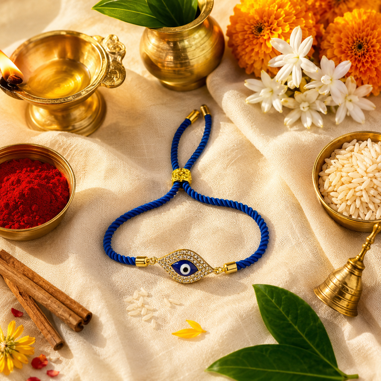 Blue Evil Eye Crystal Rakhi with Gold-Tone Finish | Adjustable Raksha Bandhan Bracelet