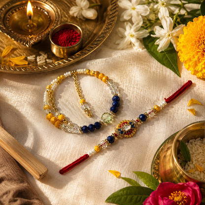 Premium Blue & Yellow Beaded Rakhi with Matching Bracelet Set