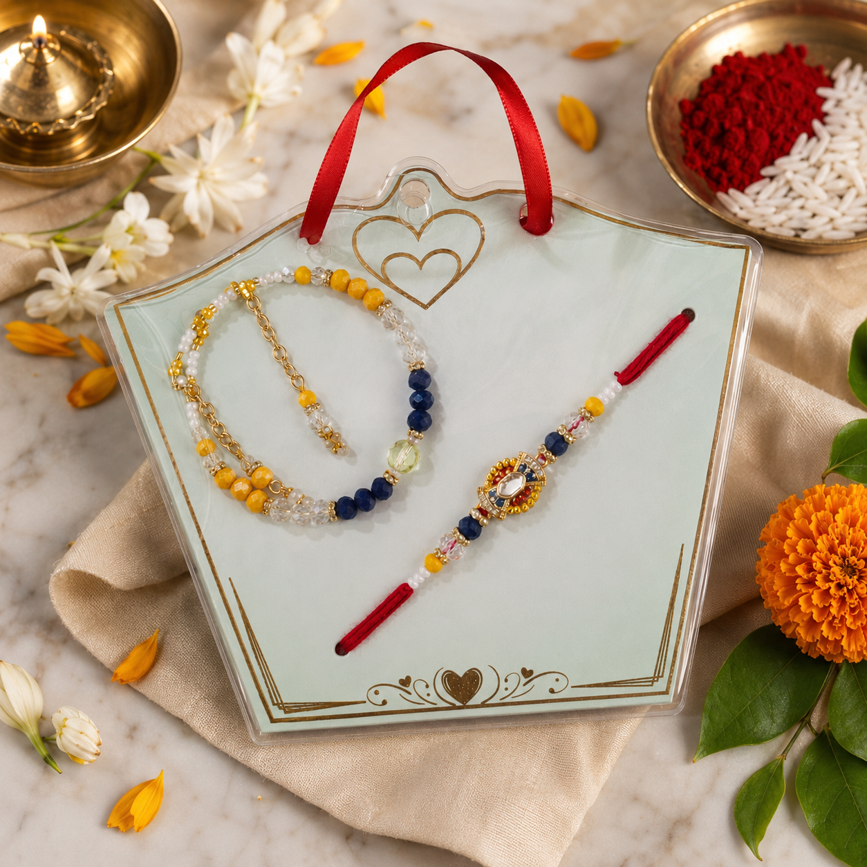 Premium Blue & Yellow Beaded Rakhi with Matching Bracelet Set