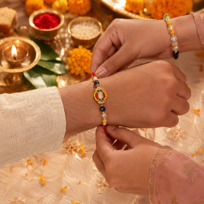 Premium Blue & Yellow Beaded Rakhi with Matching Bracelet Set