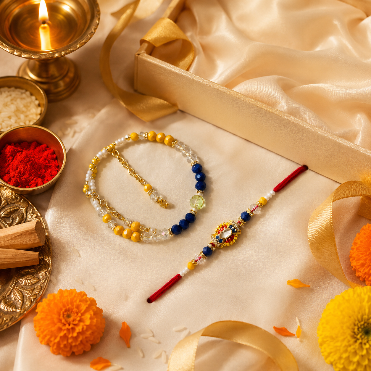 Premium Blue & Yellow Beaded Rakhi with Matching Bracelet Set