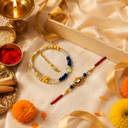 Premium Blue & Yellow Beaded Rakhi with Matching Bracelet Set