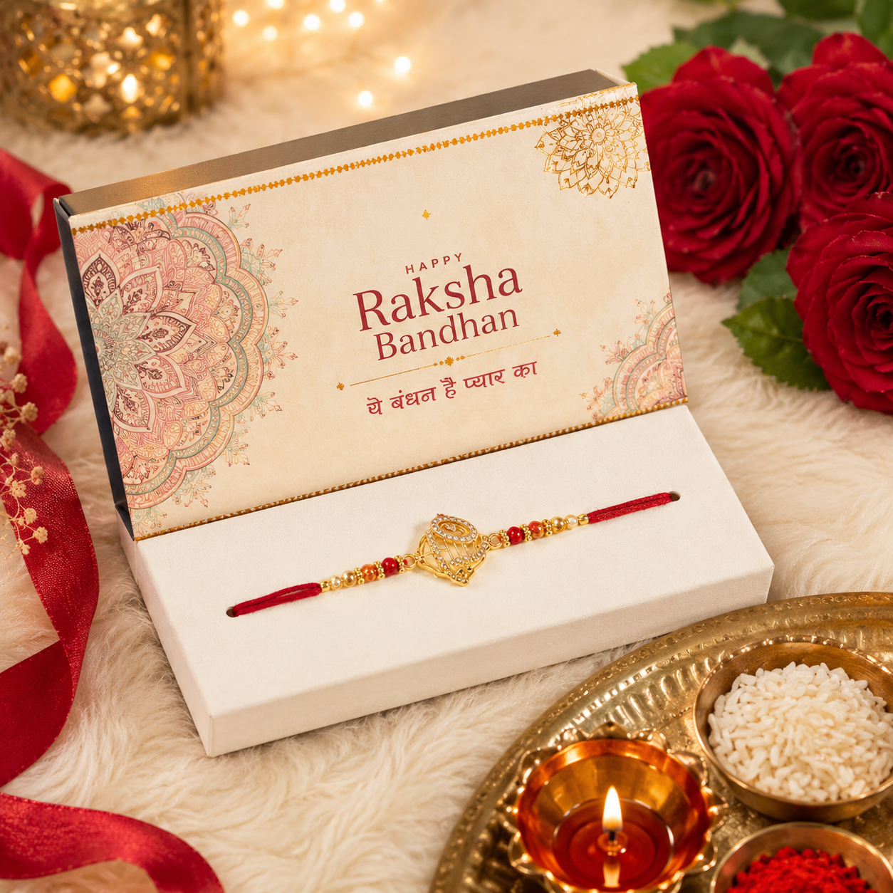 Premium Designer Rakhi Gift Box with Roli & Chawal
