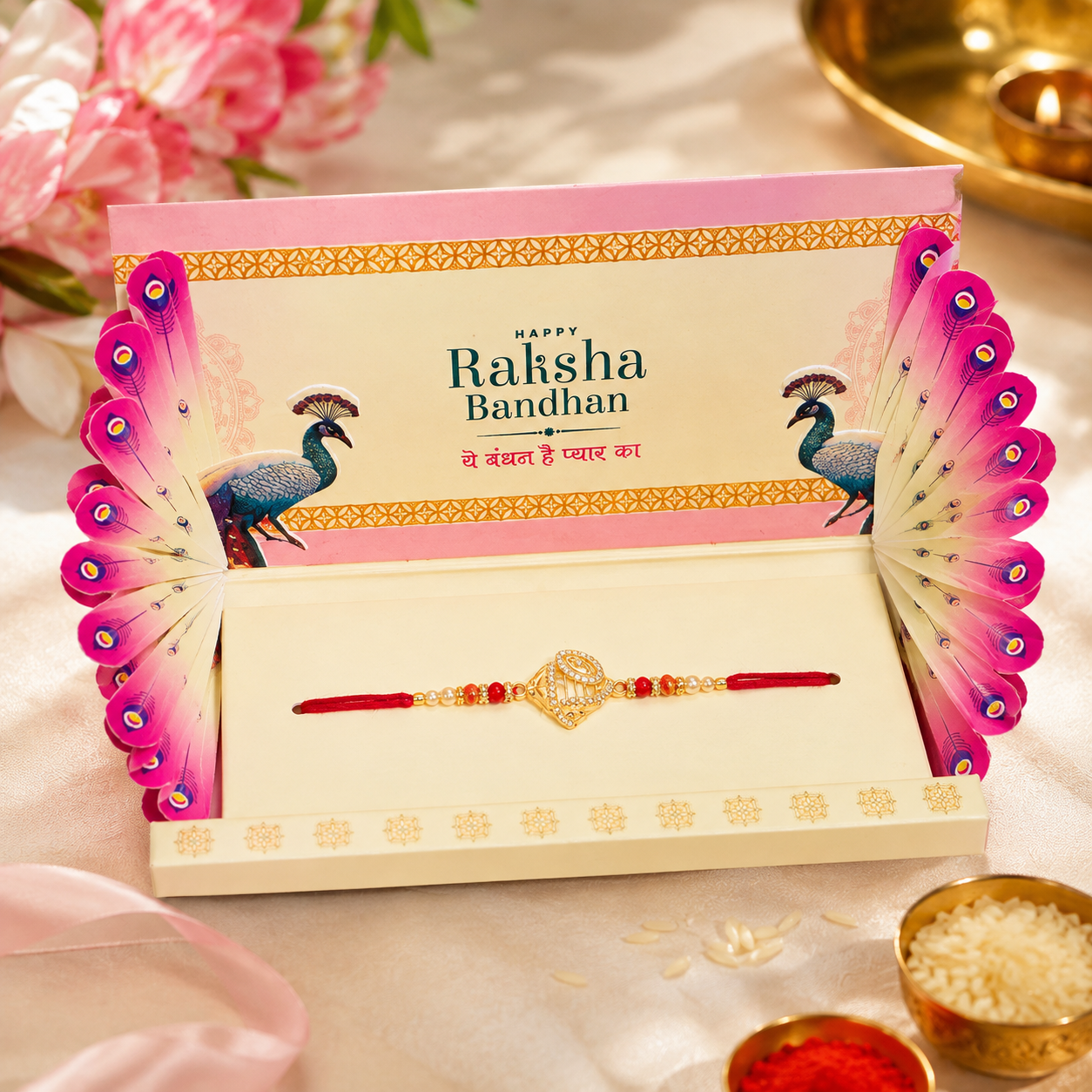 Premium Designer Rakhi Gift Box with Roli & Chawal