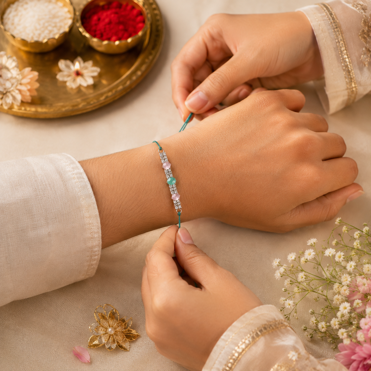 Premium Designer Stone Rakhi with Roli Chawal Gift Pack