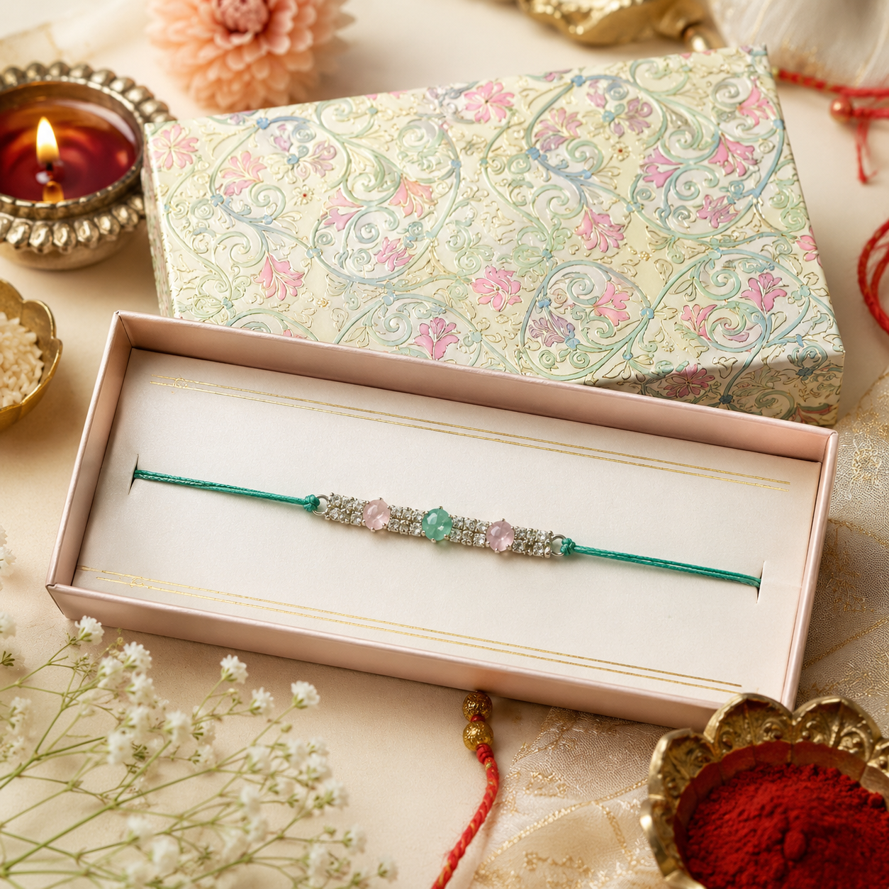 Premium Designer Stone Rakhi with Roli Chawal Gift Pack