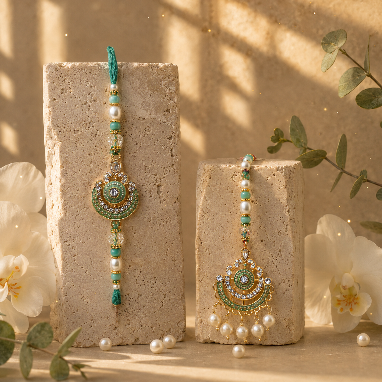 Mint Green Bhai Bhabhi Rakhi Combo with Pearl & Crystal Design