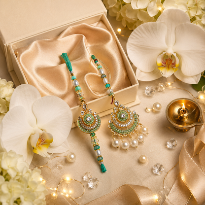 Mint Green Bhai Bhabhi Rakhi Combo with Pearl & Crystal Design