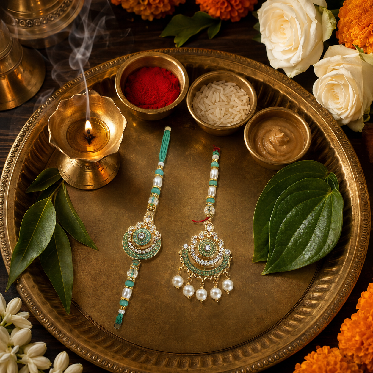 Mint Green Bhai Bhabhi Rakhi Combo with Pearl & Crystal Design