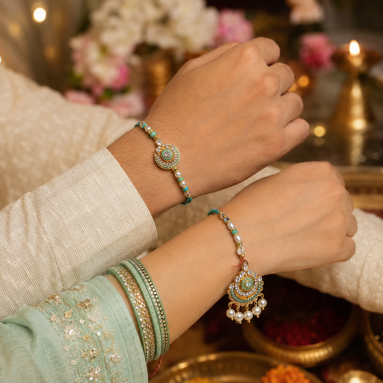 Mint Green Bhai Bhabhi Rakhi Combo with Pearl & Crystal Design