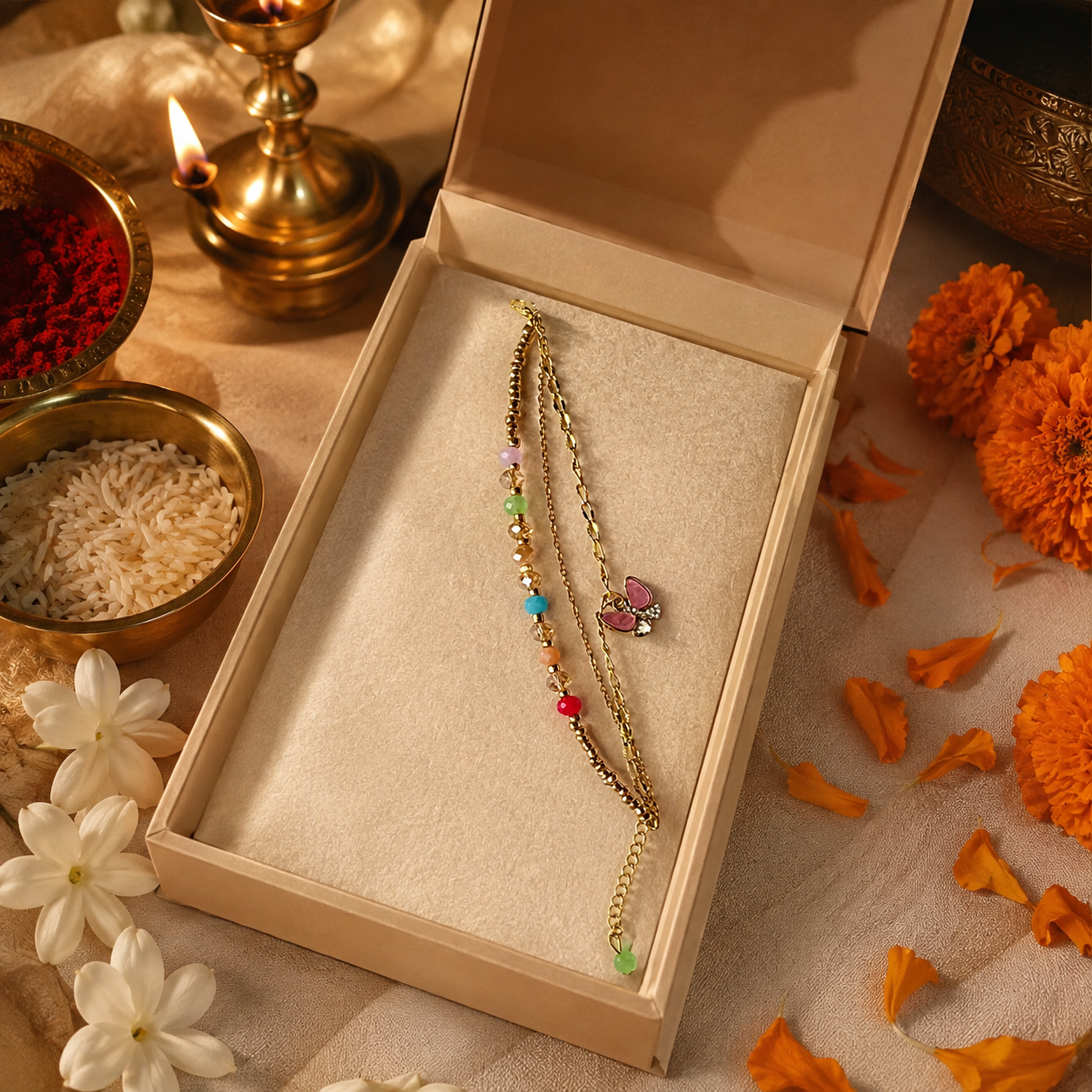 Handcrafted Butterfly Lumba Rakhi with Colorful Beads