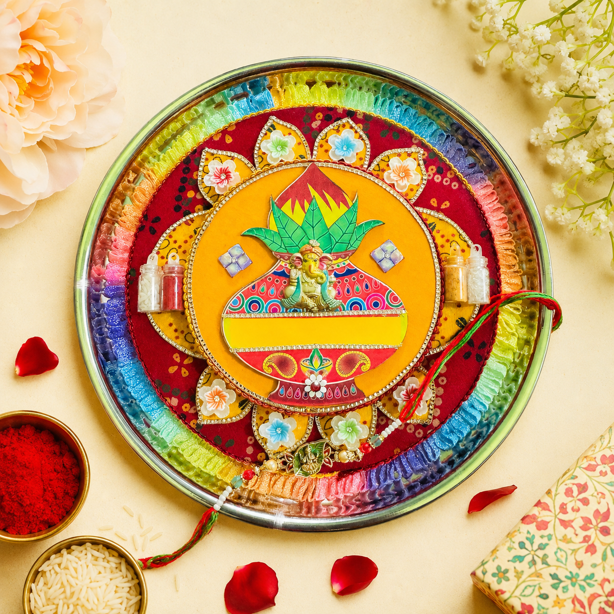 Premium Handmade Rakhi Pooja Thali with Roli, Chawal & Rakhi