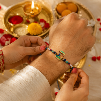 Premium Peacock Charm Beaded Rakhi with Blue Thread for Brother