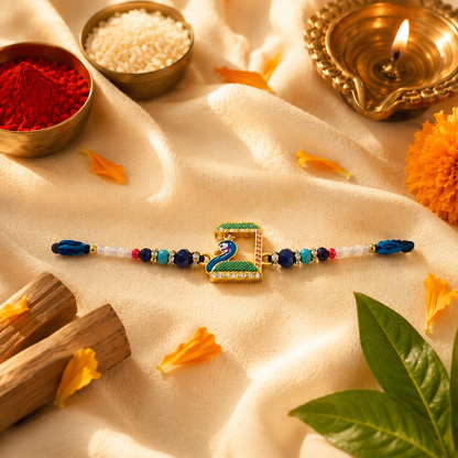 Premium Peacock Charm Beaded Rakhi with Blue Thread for Brother