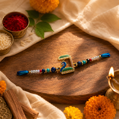 Premium Peacock Charm Beaded Rakhi with Blue Thread for Brother
