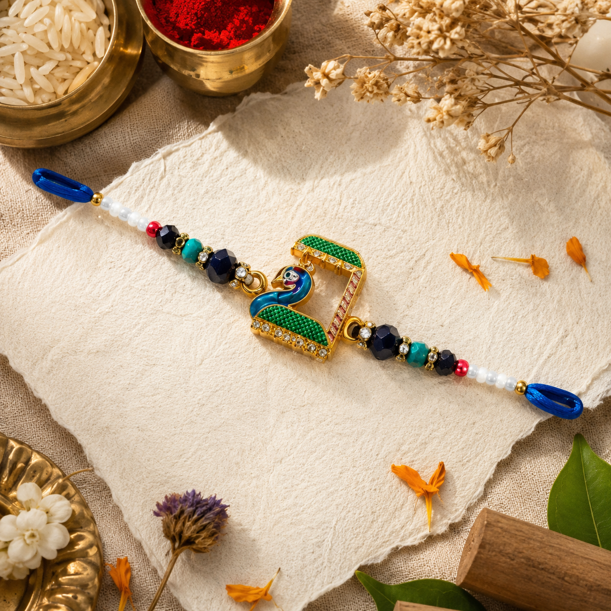 Premium Peacock Charm Beaded Rakhi with Blue Thread for Brother