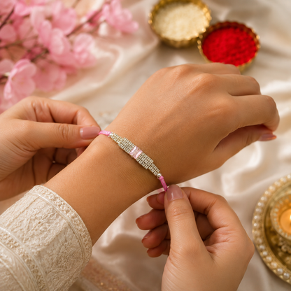 Premium Pink Crystal Rakhi for Brother with Roli Chawal | Elegant Designer Rakhi Gift Box